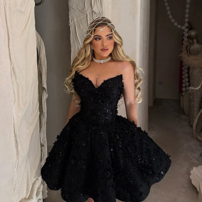 Black 3D Floral Beaded Mini Ball Gown Homecoming Dress RM238 Sheer Fairy