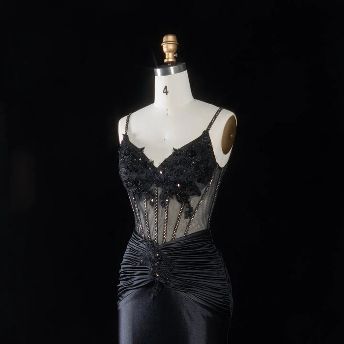 Black Satin Mermaid Luxury Beaded Spaghetti Strap Prom Dress Sequins Corset with ruched SH094 Sheer Fairy