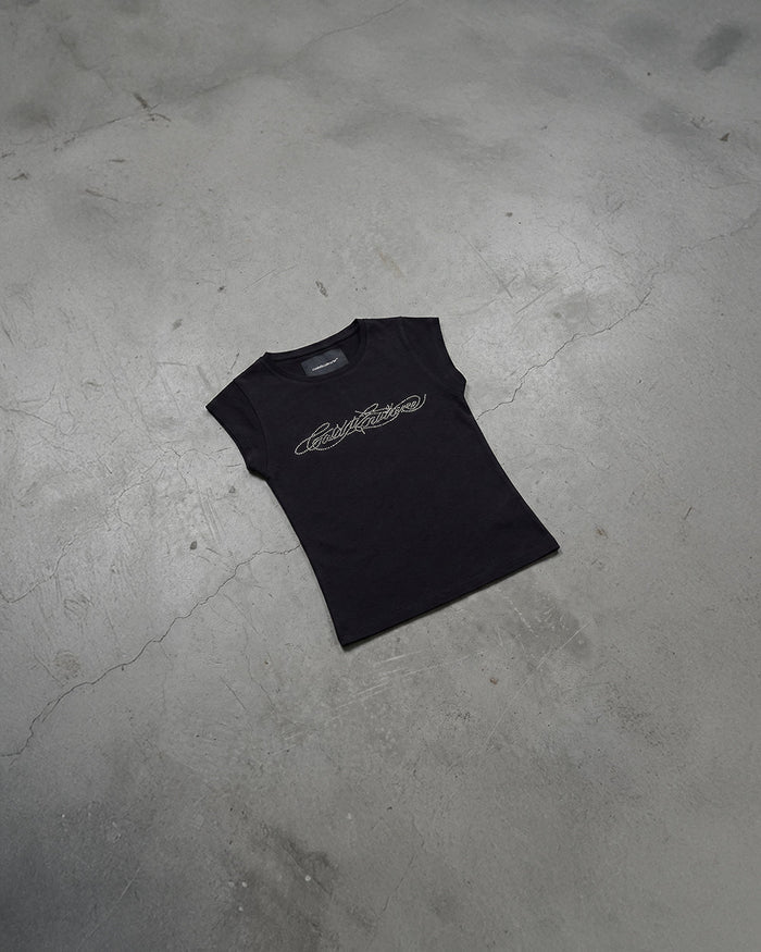 BLING BABY TEE BLACK - black fitted baby tee, flat lay - Cold Culture