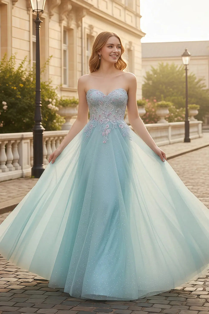 Blue Glitter Tulle Strapless Sweetheart Ballgown Prom Dress SH119 Sheer Fairy