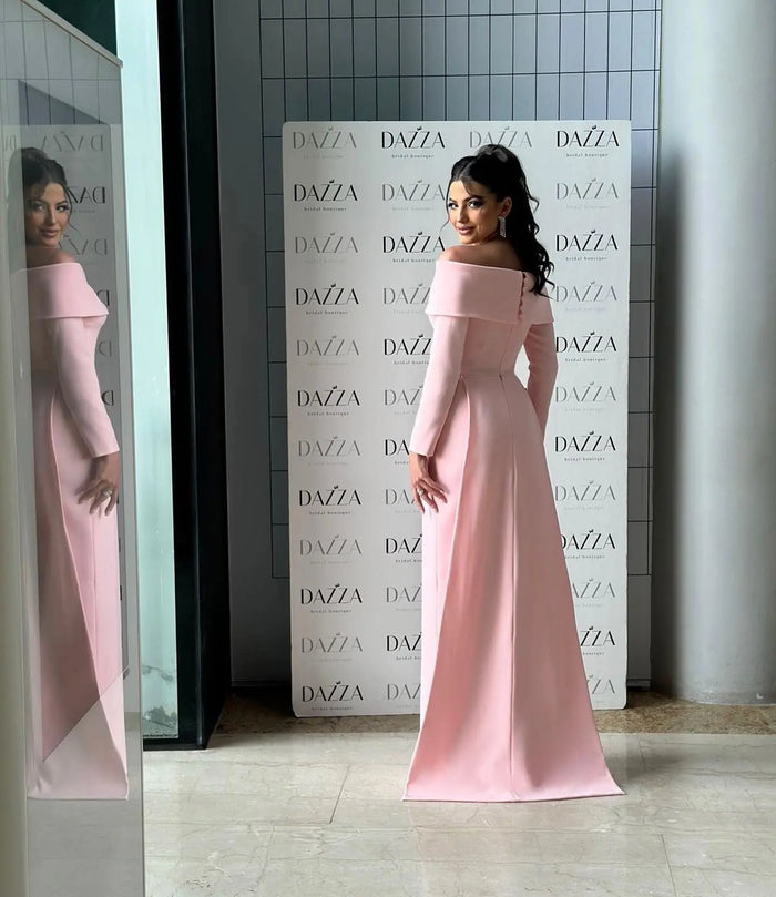 Blush Pink Off-the-Shoulder Crepe Evening Dress with 3D Floral Appliqués SF404 Sheer Fairy