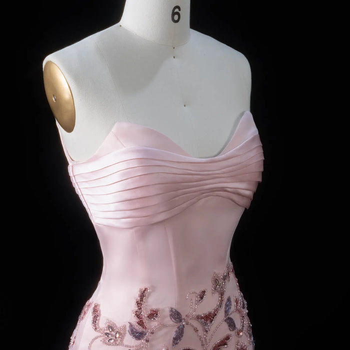 Blush Pink Strapless Sweetheart Beaded Floral A-Line Evening Gown SS529 Sheer Fairy