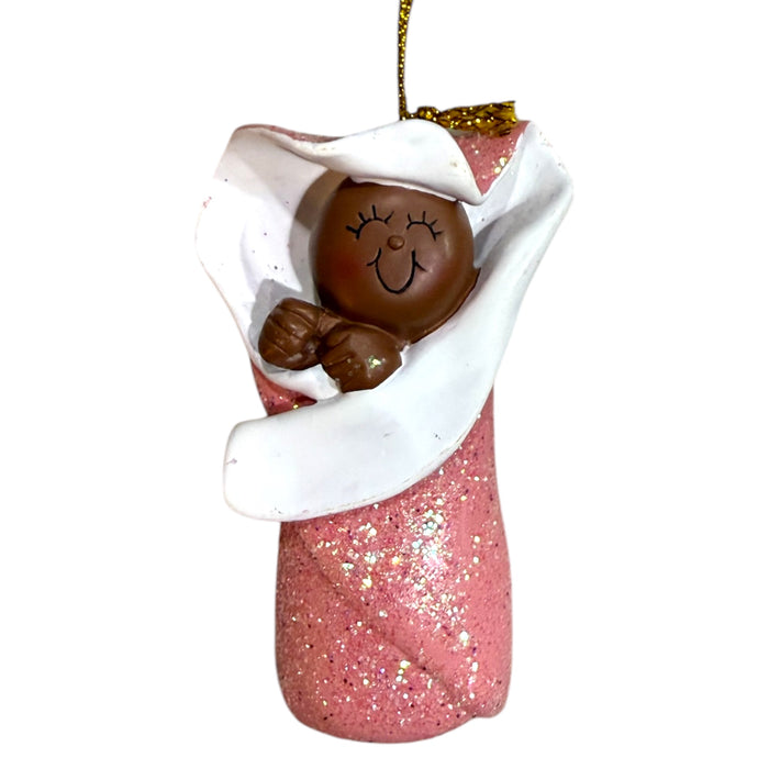 Bunting Baby Pink- Personalized Christmas Ornament, Dark Skin, African American