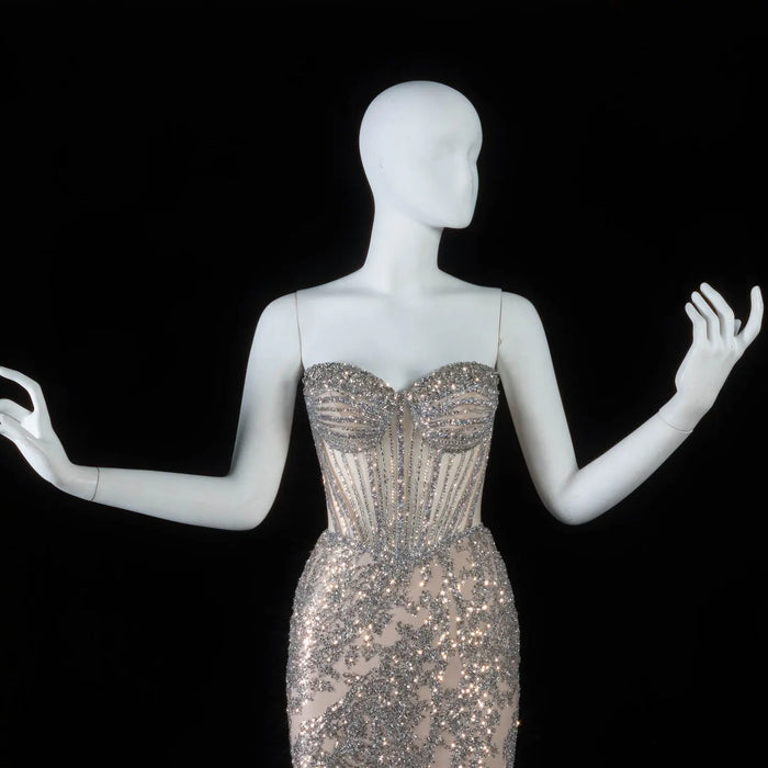 Champagne Satin Mermaid Prom Dress Spaghetti Strap Luxury Beaded Sequins SH097 Sheer Fairy