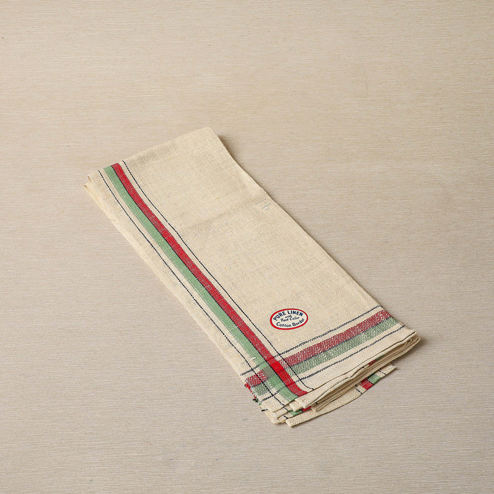 Charming vintage linen tea towel with red, green, and black borders and homespun texture c. 1940