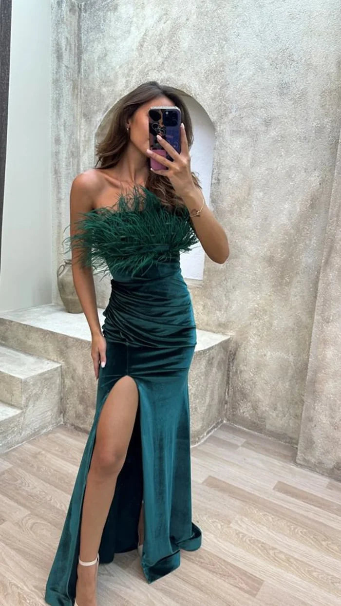 Chest feather detail slit design evening dress