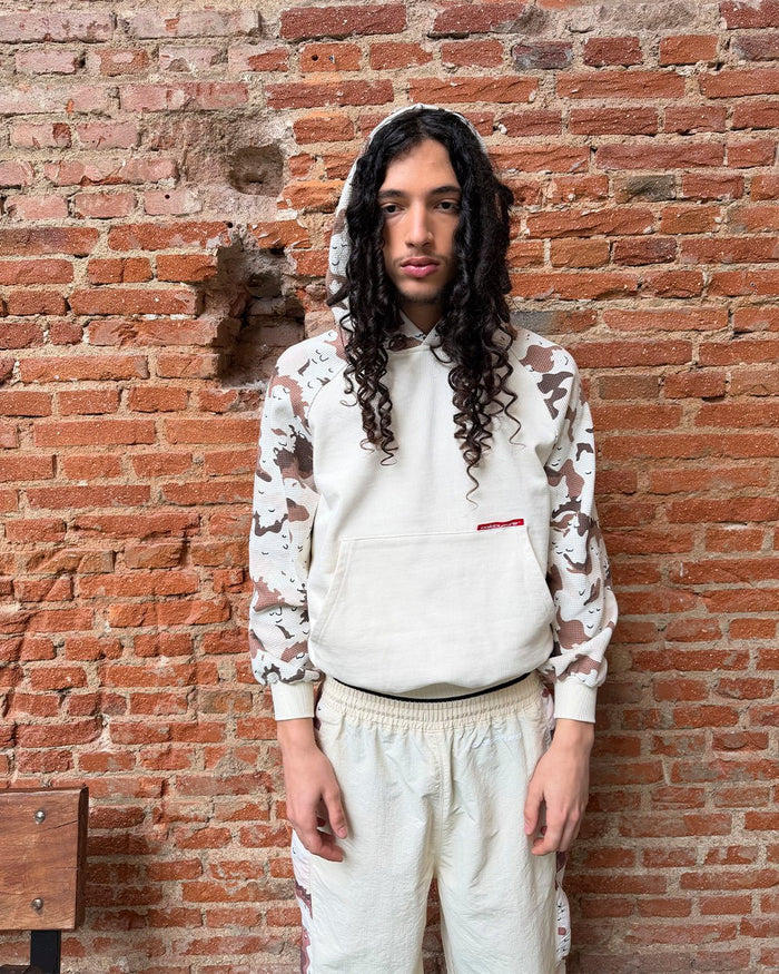 CHIPPED WAFFLE HOODIE BEIGE - beige camo sleeve hoodie, street style shot - Cold Culture