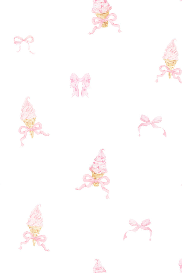 Pattern of ice cream cones with pink bows on a white background