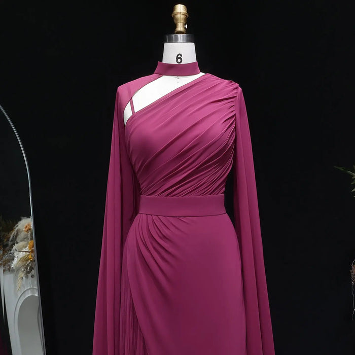 Deep Fuchsia One-Shoulder Pleated Chiffon Evening Dress with Cape Sleeves SF085 Sheer Fairy