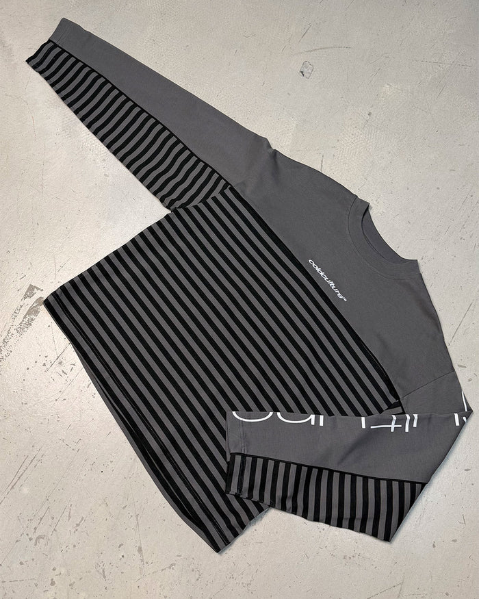 DOUBLE SIDED LONGSLEEVE DARK GREY - dark grey striped longsleeve tee, flat lay - Cold Culture