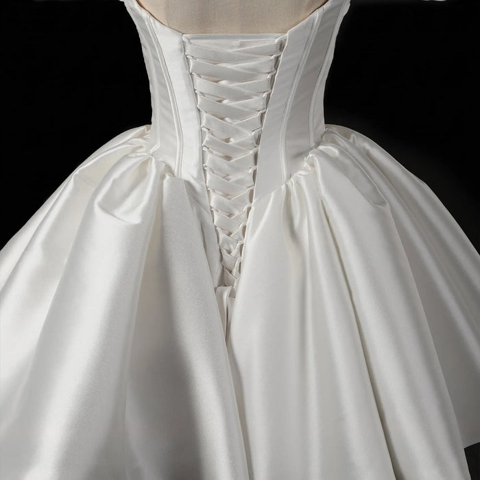 Dreamy Lvory Satin Short Wedding Dress with Statement Bow SW720 Sheer Fairy