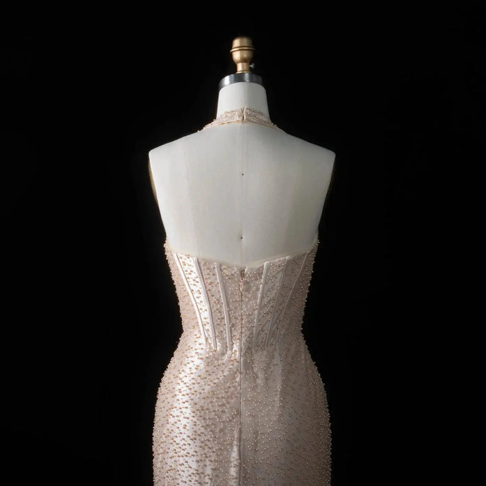 Elegant Champagne Halter Neck Mermaid Prom Dress with Beaded Bodice SH187 Sheer Fairy