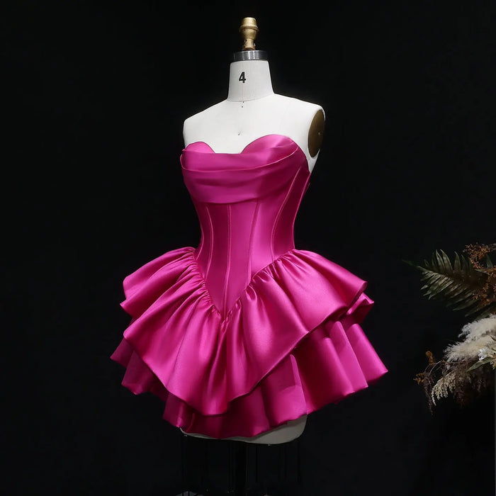 Fuchsia Sweetheart Satin Corset Short Homecoming Dress with Layered Ruffle Skirt RM142 Sheer Fairy