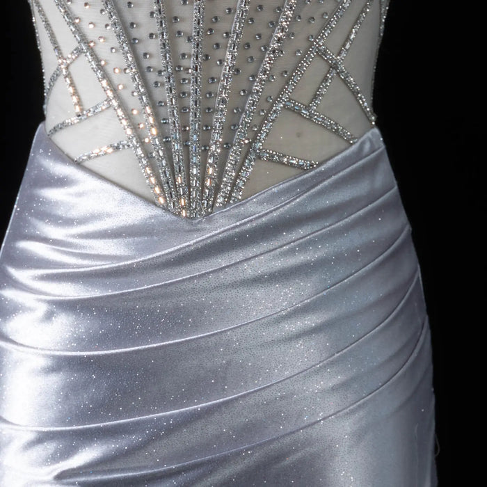 Glamorous Gray Sheer Mesh Rhinestone Lace Up Back Train Prom Dress SH198 Sheer Fairy