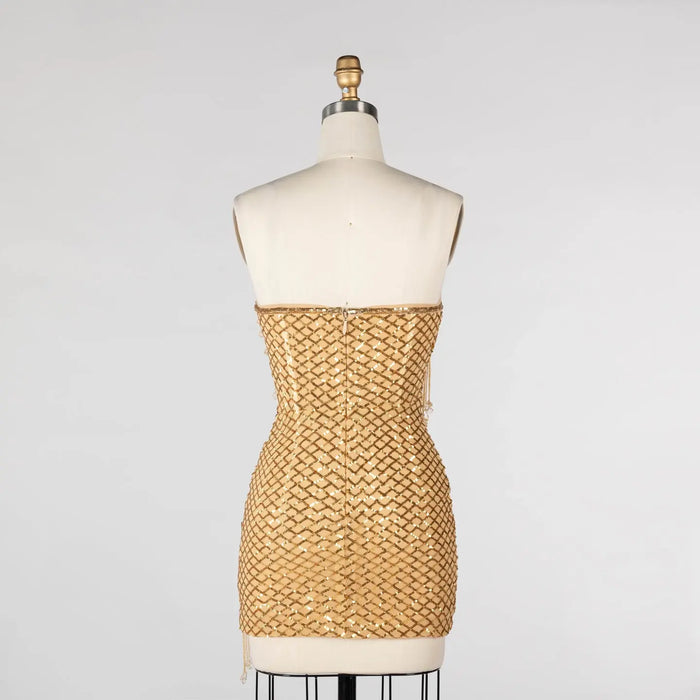 Gold Sequin Strapless Mini Evening Dress with Fringe Tassel and Cutout ST031 Sheer Fairy