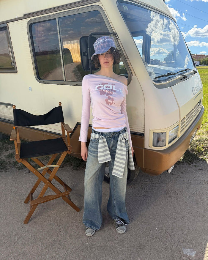 LUSH LONGSLEEVE TEE BABY PINK - baby pink off-shoulder longsleeve tee, street style shot - Cold Culture