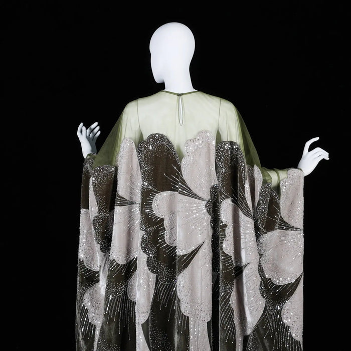 Luxurious Olive Green Velvet Beaded Kaftan Dress Sequined Petal Pattern Evening Abaya Maxi Gown SS669 Sheer Fairy