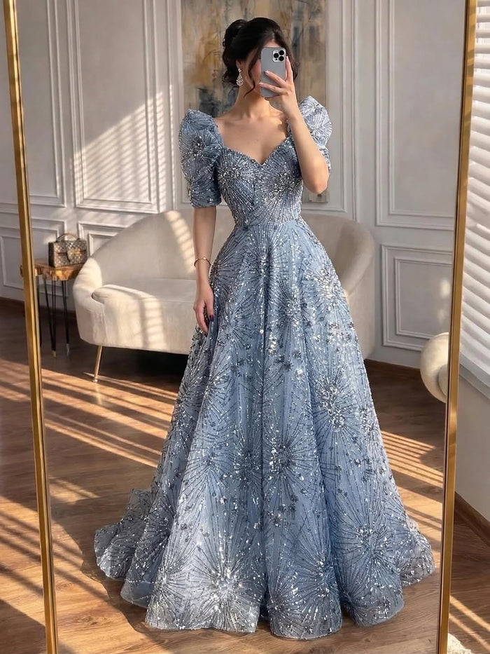 Luxury Blue Beaded A Line Evening Dress LA73675 - SERENE HILL
