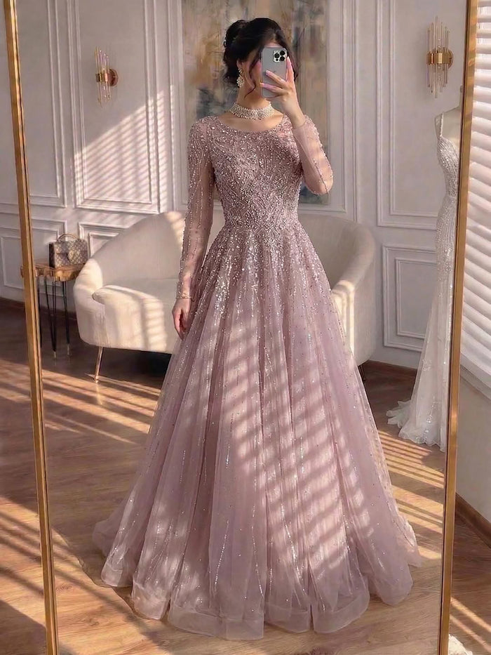 Luxury Nude Long Sleeve Illusion Beaded A-Line Evening Dress LA73269A - SERENE HILL