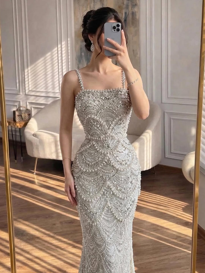 Luxury Nude Pearls Beaded Mermaid Evening Dress LA73395B - SERENE HILL