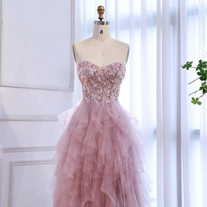 Luxury Pink Beaded Appliques A Line Prom Dress High Split LA73559