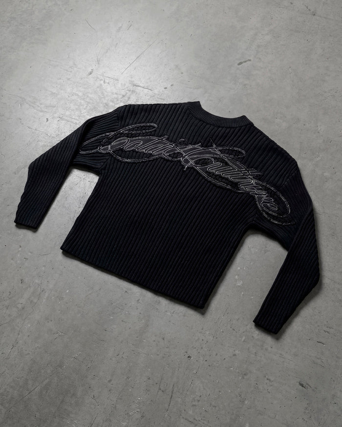 MESSY KNIT BLACK - black ribbed knit sweater, flat lay - Cold Culture