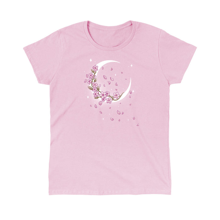 Classic Cotton T-shirt_TeeTurtle light pink Moon Blossoms apparel featuring an artistic crescent moon with cherry blossoms on it and petals all around.