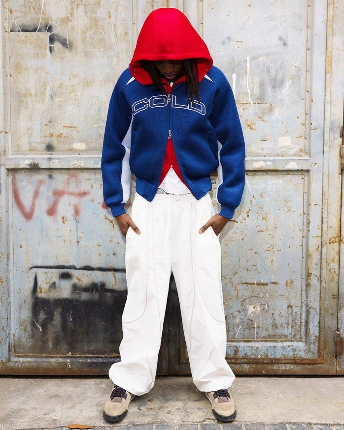 NEO ZIP JACKET WHITE & BLUE - navy and white zip jacket, street style shot - Cold Culture