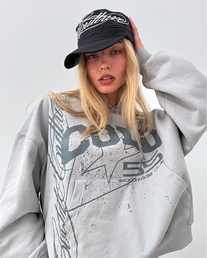 ON ROAD HOODIE GREY & GREEN - grey graphic print hoodie, on model close-up - Cold Culture