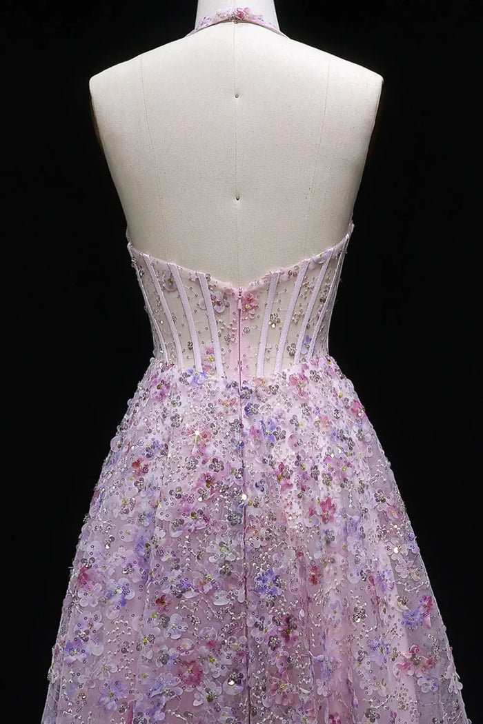 Pink Floral 3D Appliqué Halter Corset A-Line Prom Dress SH051 Sheer Fairy