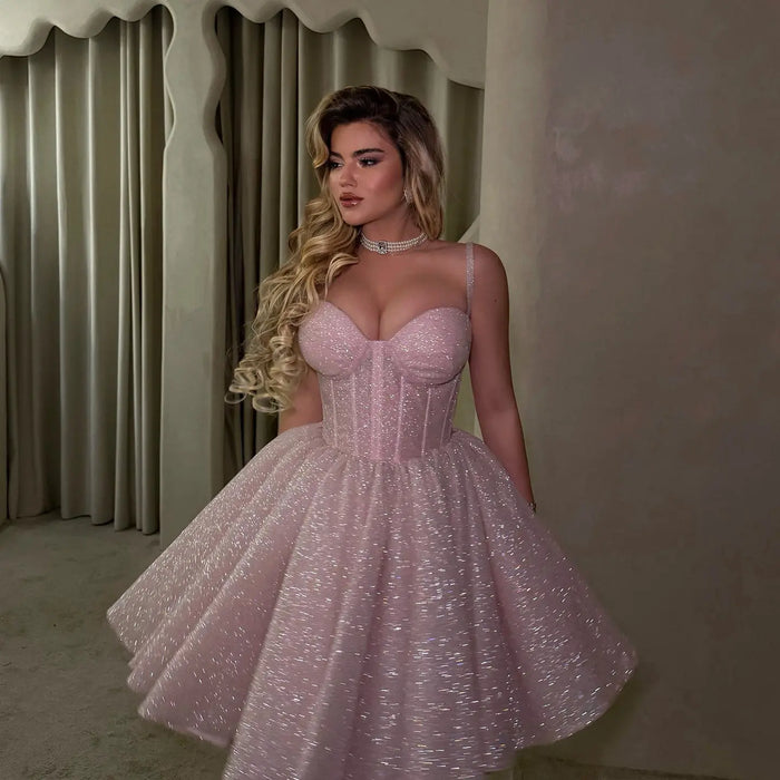 Pink Romantic Glitter Tulle Corset Spaghetti Strap Homecoming Dress RM237 Sheer Fairy