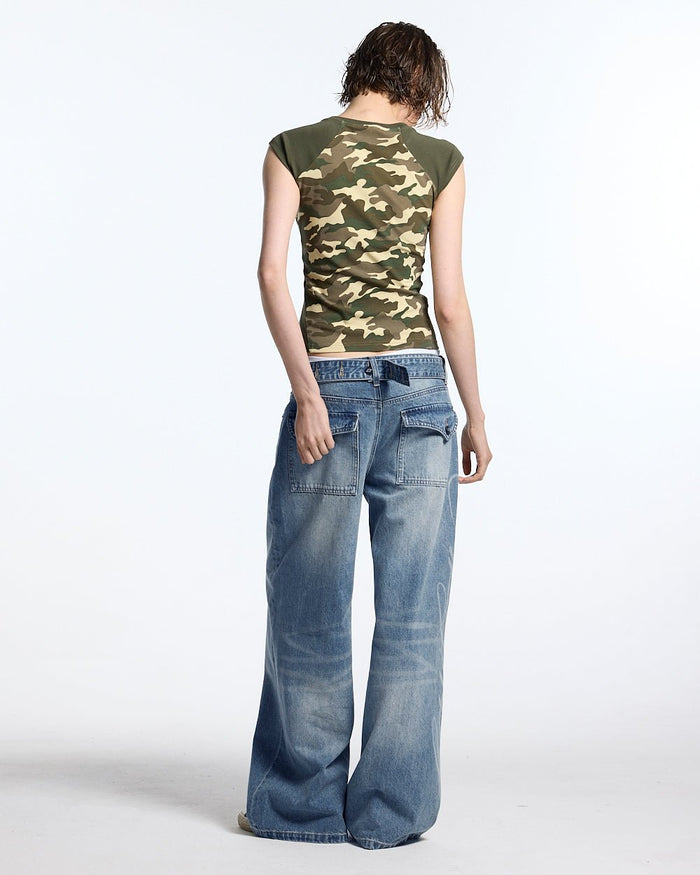 PRETTY BABY TEE GREEN - green camo baby tee, back view on female model - Cold Culture