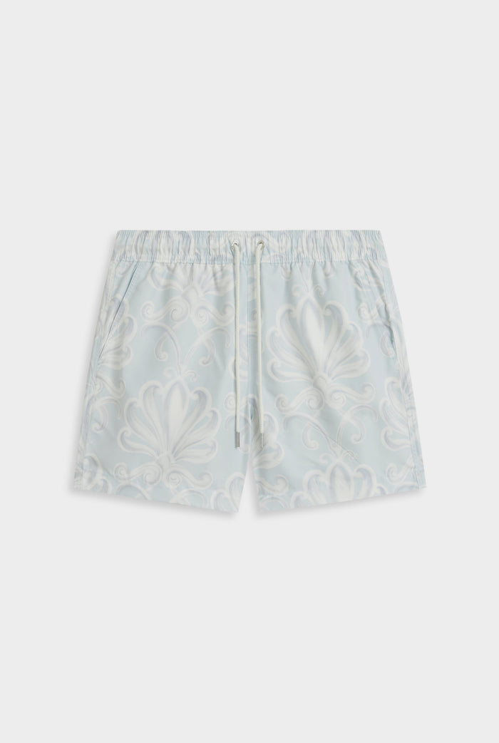 Venroy Printed Swim Short - Grey Blue Palmette Floral