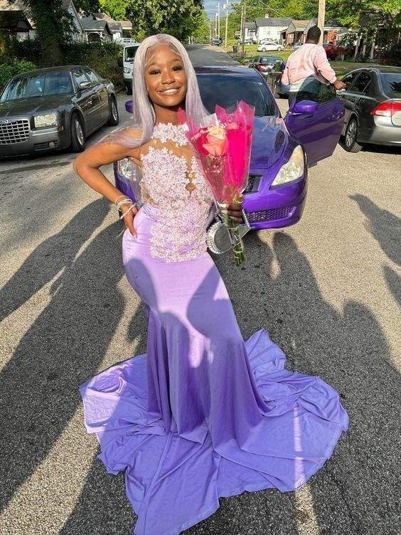 Purple Mermaid Lace Appliques African Prom Dress Evening Dress