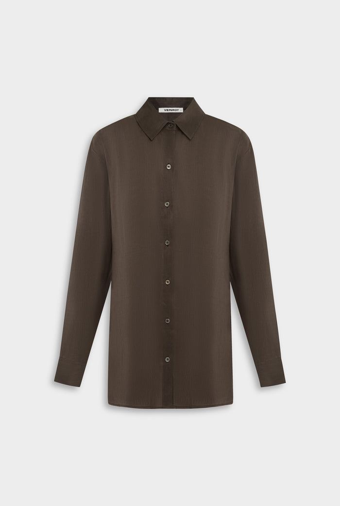 Venroy Relaxed Silk Linen Shirt - Chocolate Brown