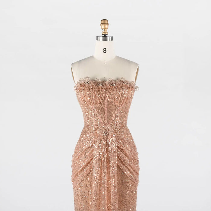Rose Gold Sequin Strapless Draped Column Mermaid Evening Gown ST017 Sheer Fairy