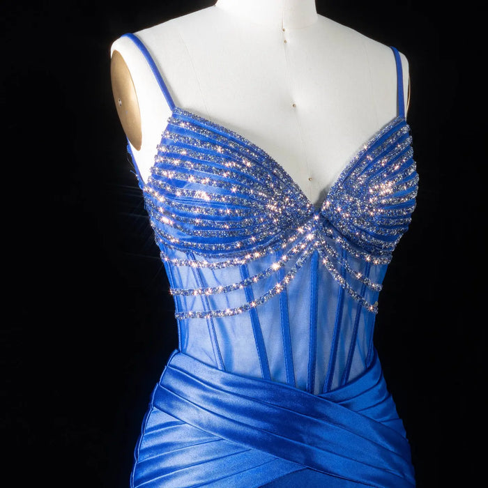 Royal Blue Satin Mermaid Prom Dress Spaghetti Strap Luxury Beaded with High Slit Gown SH095 Sheer Fairy