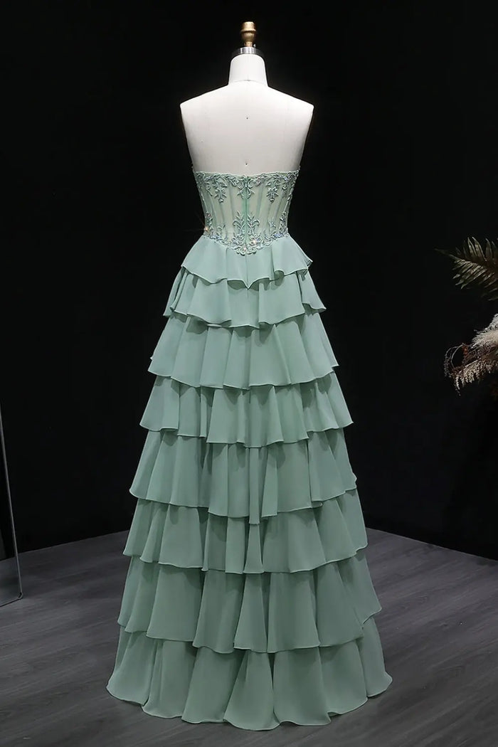 Sage Green Floral Appliqué Tiered Chiffon Prom Dress SH057 Sheer Fairy
