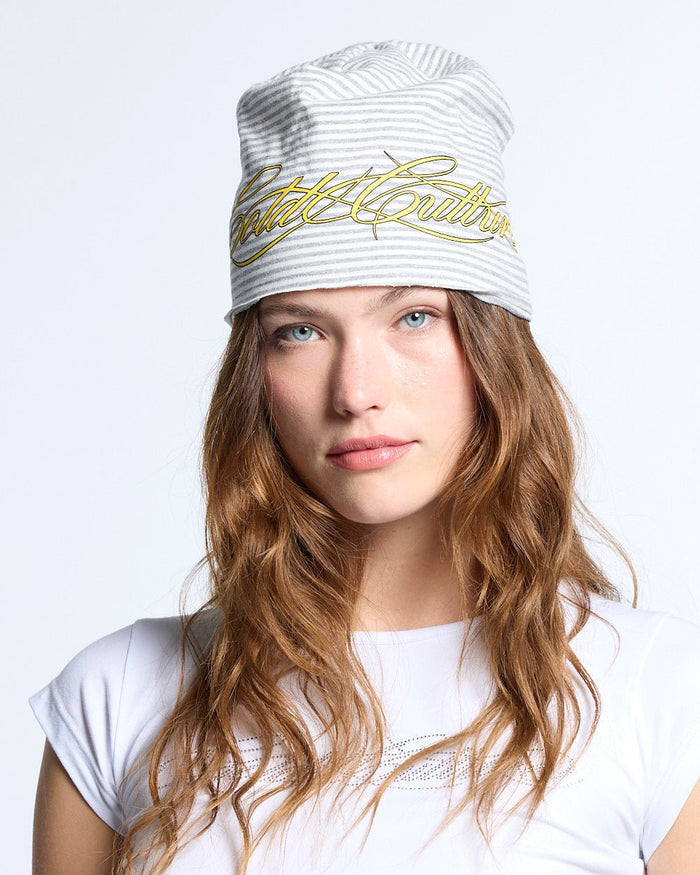 SCRIPTED STRIPES BEANIE WHITE - white striped beanie, front view on female model - Cold Culture