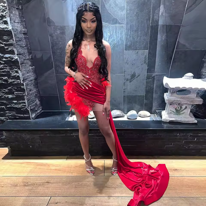 Sexy Diamond Birthday Party Dresses For Women Red Beads Short Prom Dress Mermaid Luxury Vestido Gala Gowns