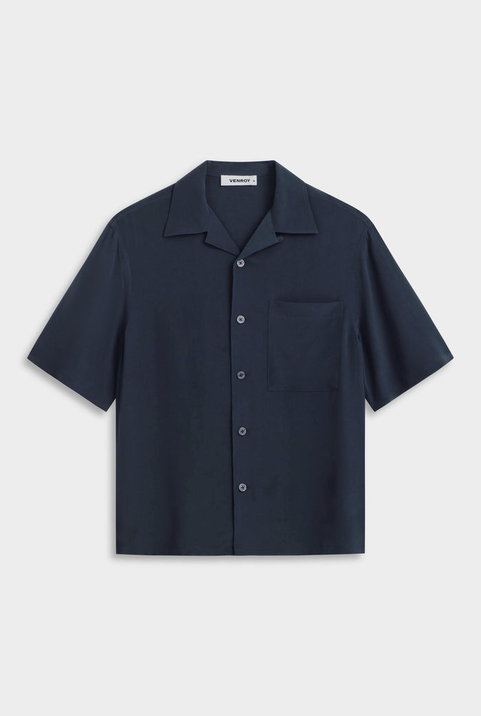 Venroy SS Silk Camp Collar Shirt - Navy