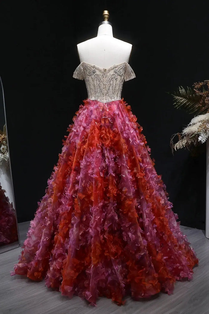 Silver Beaded Off-the-Shoulder Ball Gown Red Prom Dress SH147 Sheer Fairy