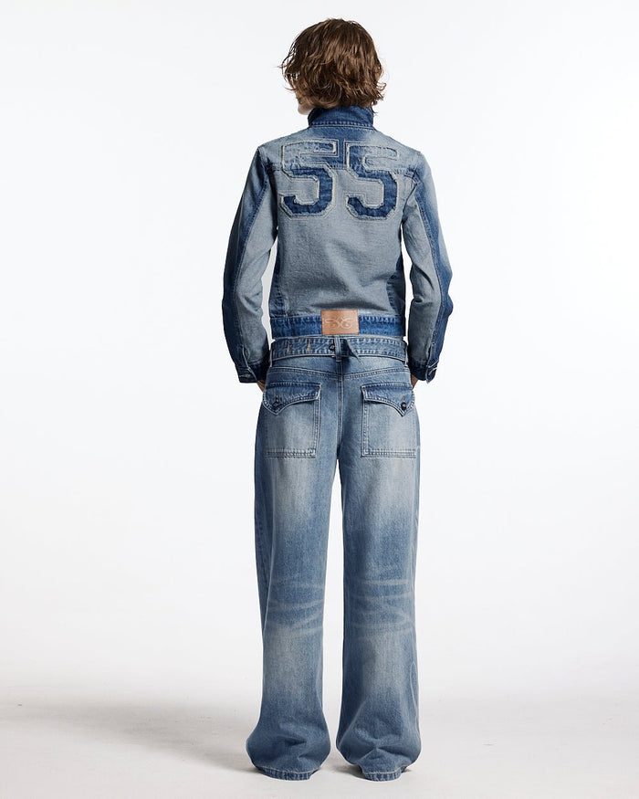 SPLIT ZIP JACKET BLUE - blue denim zip jacket, back view on female model - Cold Culture