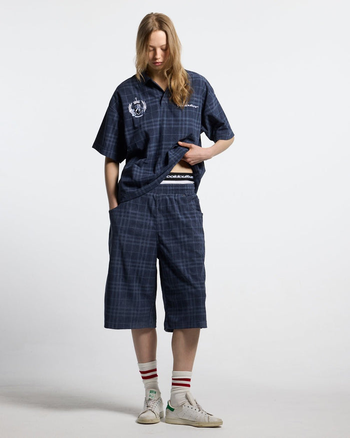 TARTAN CLUB SHORTS NAVY - navy check shorts, front view on female model - Cold Culture #woman