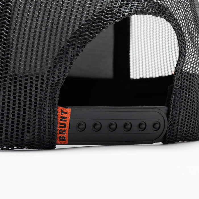 Back snaps of flat brim work hat with built in pencil holder and BRUNT usa 250 logo in limited edition black