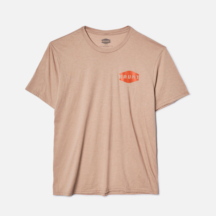 Front of the BRUNT high quality t-shirt in desert tan with couple two tree graphic on back * 0