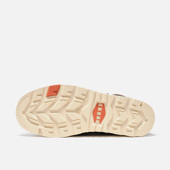 Bottom of the BRUNT 6 inch USA welted and unlined leather composite toe boot in dark brown