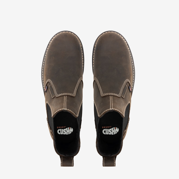 Above shot of the toe shape of the BRUNT 6 inch usa welted slip on work boot in dark brown