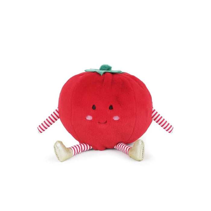 Plush toy shaped like a red apple with legs and arms on a white background
