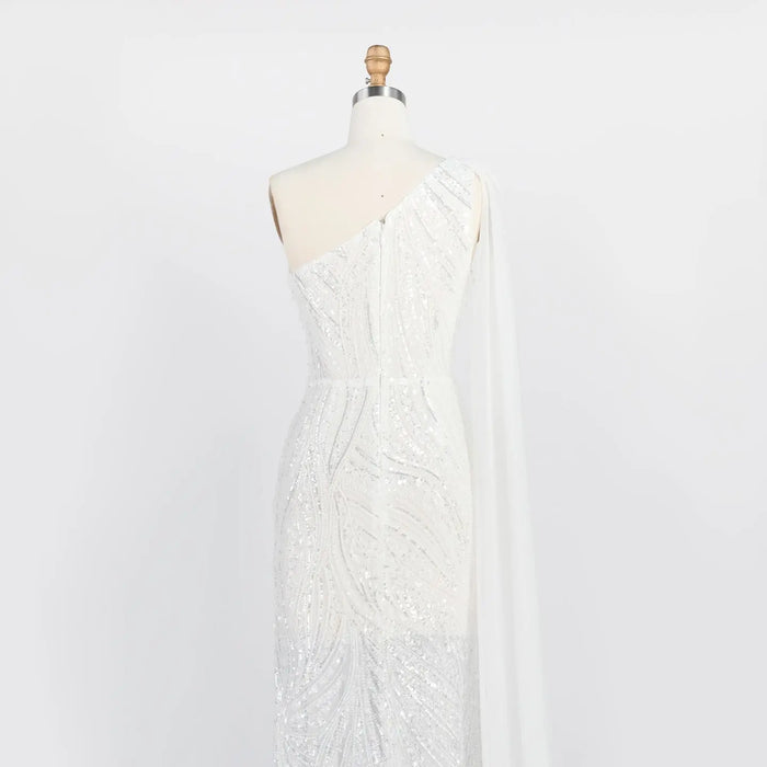 White One Shoulder Mermaid Evening Gown Full Sequin Sparkle Party Dress with Cape ST010 Sheer Fairy